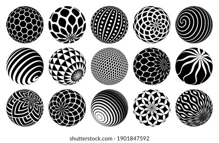 Decorated spheres vector illustrations set, abstract beautiful balls with patterns, 3D globes design concept collection, single color black and white useful for logos.