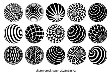 Decorated spheres vector illustrations set, abstract beautiful balls with patterns, 3D globes design concept collection, single color black and white useful for logos.