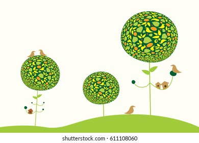 Decorated spring trees with birds and nesting box