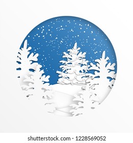 Decorated spruce in the forest with snow in the winter season and Christmas. Vector art and digital craft style.