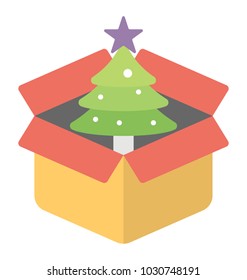 
A decorated spruce tree in the cardboard box, christmas gift flat icon
