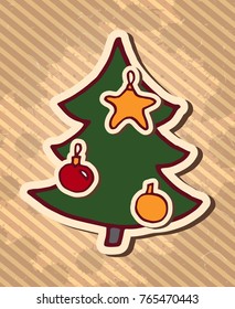 Decorated spruce tree. Hand drawn Christmas doodle design element. Winter holidays greeting card item over textured striped vintage brown background. Vector illustration.