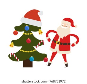 Decorated spruce tree and Saint Nicholas character vector illustration isolated on white. New Year fir and Santa Claus vector illustration poster