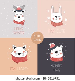 Decorated square Christmas cards with cute animals. Set of cute christmas animals:deer, hare, fox and bear.Vector illustration. Postcards Winter Holidays