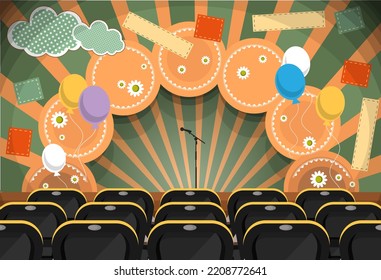 Decorated stage with a microphone in a theater seating room. Vector illustration