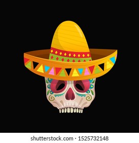 Decorated Sugar Skull wearing Sombrero for the day of the dead, dia de los muertos, Mexican traditional festival. Isolated on black spooky colorful skeleton head.
