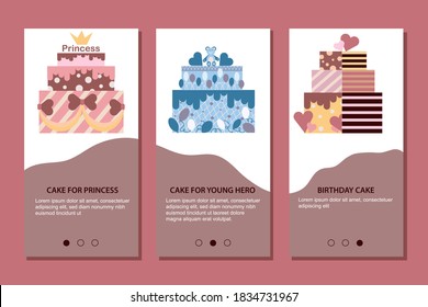Decorated Sweet Cakes Set. Mobile App Page Cake for Princess, Cake for Young Hero, Cake Birthday Cake for Kids.