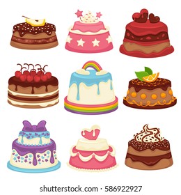 Decorated sweet festival cakes collection isolated on white. Vector poster of sweet baked cakes with colorful decorated confectioneries of chocolate and fruit. Dessert attributes for holidays.