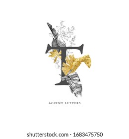 Decorated T letter with hand drawn tropical leaves and golden elements. Vector illustration