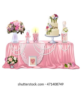 Decorated table with wedding paraphernalia isolated on white background. Vector cartoon close-up illustration.