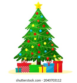 Decorated with toys Christmas tree and gift boxes isolated on white. Flat vector illustration.