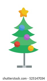 Decorated with toys and star christmas tree icon. Fir or Pine on metal stand cartoon flat vector isolated on white. Celebrating Merry Christmas, Happy New Year. For Christmas greeting card, invitation