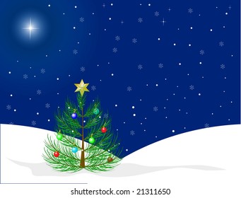 A decorated tree in a beautiful winter scene