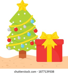 Decorated Tree and Gift Box Concept,  Ping Tree decor with Lights and Star Vector Color Icon Design, Merry Christmas Symbol on white background, New Year Celebration Sign,