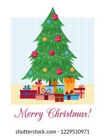 Decorated Сhristmas tree with gift boxes, lights, decoration balls and lamps. Merry Christmas and a happy new year. Card with text. Vector illustration in flat and cartoon style