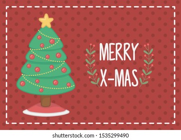 decorated tree with red balls dotted background merry christmas card vector illustration