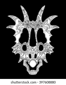 Decorated triceratops skull on black background, unusual zentangle design for day of the dead, page for adult colouring book, black and white patterns