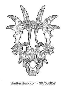 Decorated triceratops skull, unusual zentangle design for day of the dead, page for adult colouring book, black and white patterns