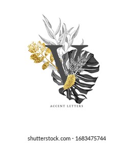 Decorated V letter with hand drawn tropical leaves and golden elements. Vector illustration