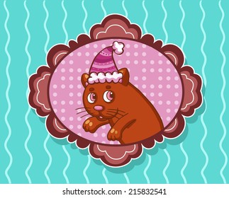 Decorated vector frame with cat in Christmas hat.