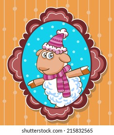 Decorated vector frame with sheep in Christmas hat.