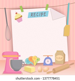 Decorated vector template for display of the bakery recipe surrounded by various graphic of bakery and pastry tools