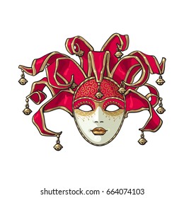 Carnaval veneciano decorado, mascarilla de bufón con campanas y brillo dorado, ilustración vectorial de estilo boceto aislada en fondo blanco. 