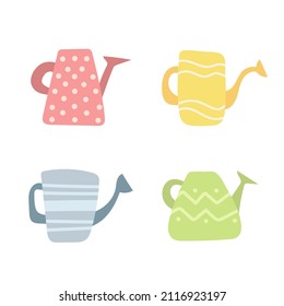 Decorated watering can or pot set isolated on white background. Simple gardening tool. Flat cartoon vector illustration.
