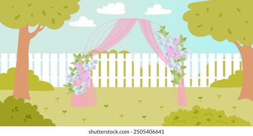 Decorated wedding arch with pink curtains and flowers for garden ceremony. Bridal entrance, gate in park landscape with green trees and lawn. Romantic cartoon vector illustration.