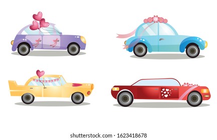 Decorated wedding procession cars with balloons and flowers vector illustration