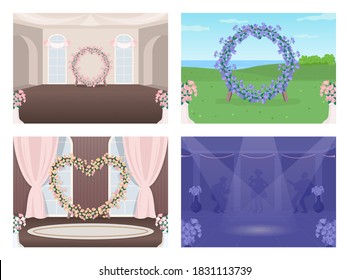 Decorated wedding venue flat color vector illustration set. Event hall. Night dance floor. Marriage celebration event 2D cartoon interior and landscape with floral decoration on background collection