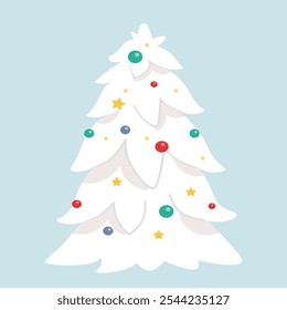 Árbol de Navidad blanco decorado aislado en azul. Ilustración vectorial de celebración del año Nuevo. Hermoso fuego con juguetes, decoración de guirnaldas brillantes en feliz árbol de Navidad en el evento de vacaciones.