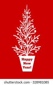 Decorated white Christmas tree on red background. Vector illustration.