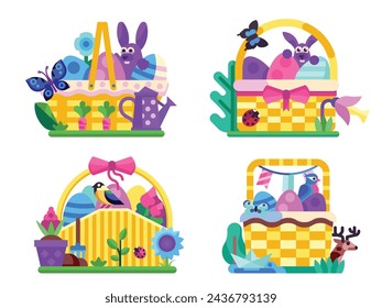 Decorated wicker Easter baskets with eggs, bunnies and birds. Festive spring basket collection filled with blooming flowers, animals, butterflies and other springtime symbols.