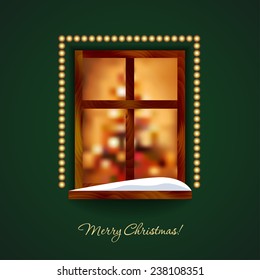 Decorated window with some snow on a green wall. Vector illustration