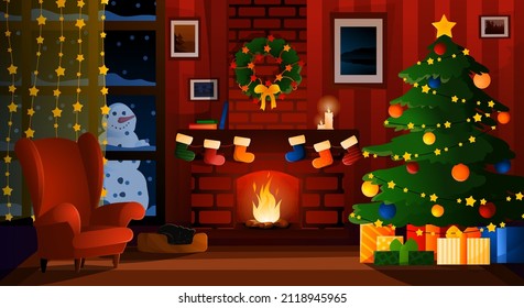 Decorated winter cozy home with  fireplace. Winter holiday interior room decorations with armchair, tree, gifts, socks. 