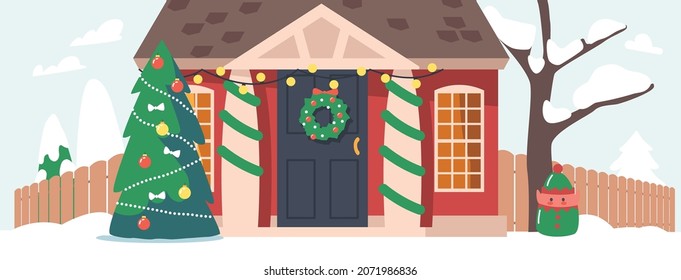 Decorated Winter Suburban Cottages with Christmas Decor, Fir Tree and Snow. Residential House, Real Estate Property with Spruce Branches Wreath on Door and Garlands. Vector Cartoon Illustration