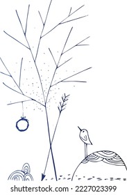 Decorated winter tree and bird. Concept of Christmas holidays, vector illustration.
