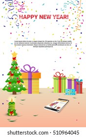 Decorated Workplace Cell Smart Phone Happy New Year Decoration Flat Vector Illustration