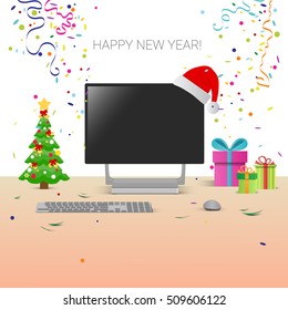 Decorated Workplace Computer Happy New Year Decoration Flat Vector Illustration