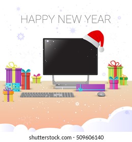 Decorated Workplace Computer Happy New Year Decoration Flat Vector Illustration