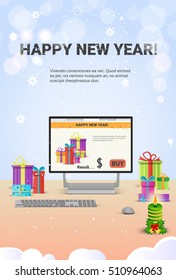 Decorated Workplace Computer Happy New Year Decoration Flat Vector Illustration