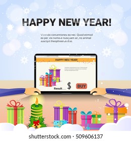 Decorated Workplace Laptop Computer Hands Using Typing Happy New Year Internet Christmas Sale Decoration Flat Vector Illustration
