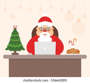 Decorated workplace office Merry Christmas and Happy New Year. Celebration flat vector illustration. Cute beautiful character Santa Claus, holiday tree.