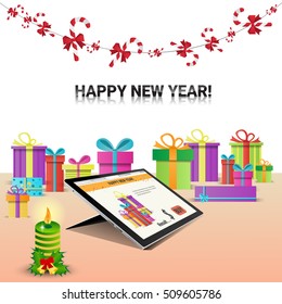 Decorated Workplace Tablet Computer Happy New Year Internet Christmas Sale Decoration Flat Vector Illustration