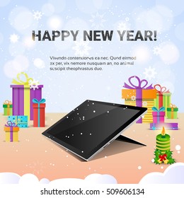 Dekorierter Arbeitsplatz-Tablet-Computer glücklich Neujahr Dekoration flache Vektorgrafik