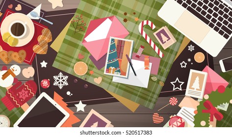 Decorated Workspace Desk Copy Space Top Angle View Flat Vector Illustration
