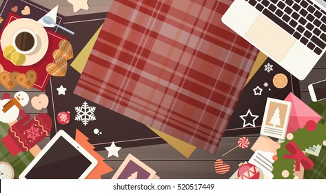 Decorated Workspace Desk Copy Space Top Angle View Flat Vector Illustration