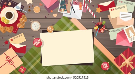 Decorated Workspace Desk Copy Space Top Angle View Flat Vector Illustration