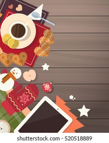 Decorated Workspace Desk Copy Space Top Angle View Flat Vector Illustration
